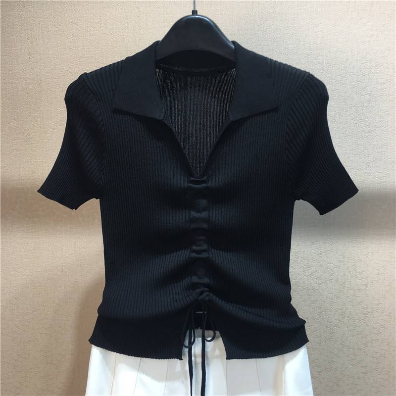 Authentic Women's Clothing 2026 Slim Fit Lapel Short-Sleeve Top Drawstring Tie Ice Silk Knit Shirt Women's T-Shirt Authentic Women's Clothing 2026 Slim Fit Lapel Short-Sleeve Top Drawstring Tie Ice Silk Knit Shirt Women's T-Shirt