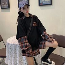 Hip-hop hip-hop jazz hip-hop panel long-sleeve plaid mock two-piece jacket loose long sweater for men and women-music of the tide