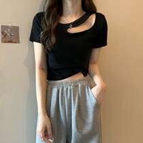 Lisa Jazz Dancing Jazz Hollowed-out Collarbone Short Sleeve T-Shirt Design Sensation Short Hot Girl Hanging on the Dress