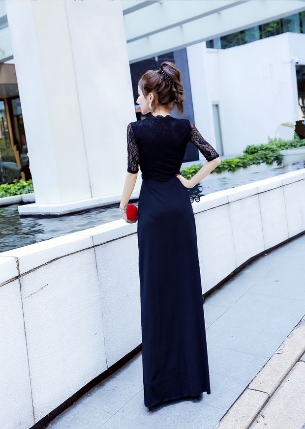 Hộp đêm của phụ nữ mùa thu gợi cảm V-openwork ren lau váy đầm chia váy đầm len dài