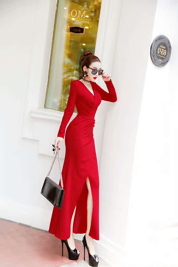 Châu âu và Mỹ tính khí nữ mùa thu và mùa đông mới sexy V-Cổ slim giảm béo không thường xuyên đuôi cá váy eo váy đầm công sở 2020