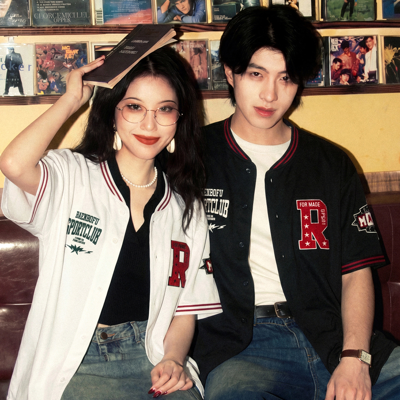 Aloha Vintage American Towel Embroidery Short Sleeve Shirt Baseball Uniform Summer Couple Outfit Cardigan Jacket
