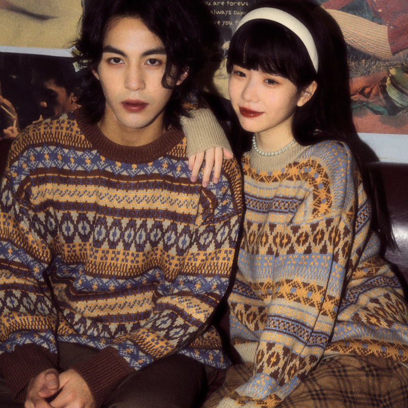 Aloha Vintage Hong Kong Style Niche Lazy Fair Isle Sweater Autumn and Winter Couple Outfit Striped Knitwear