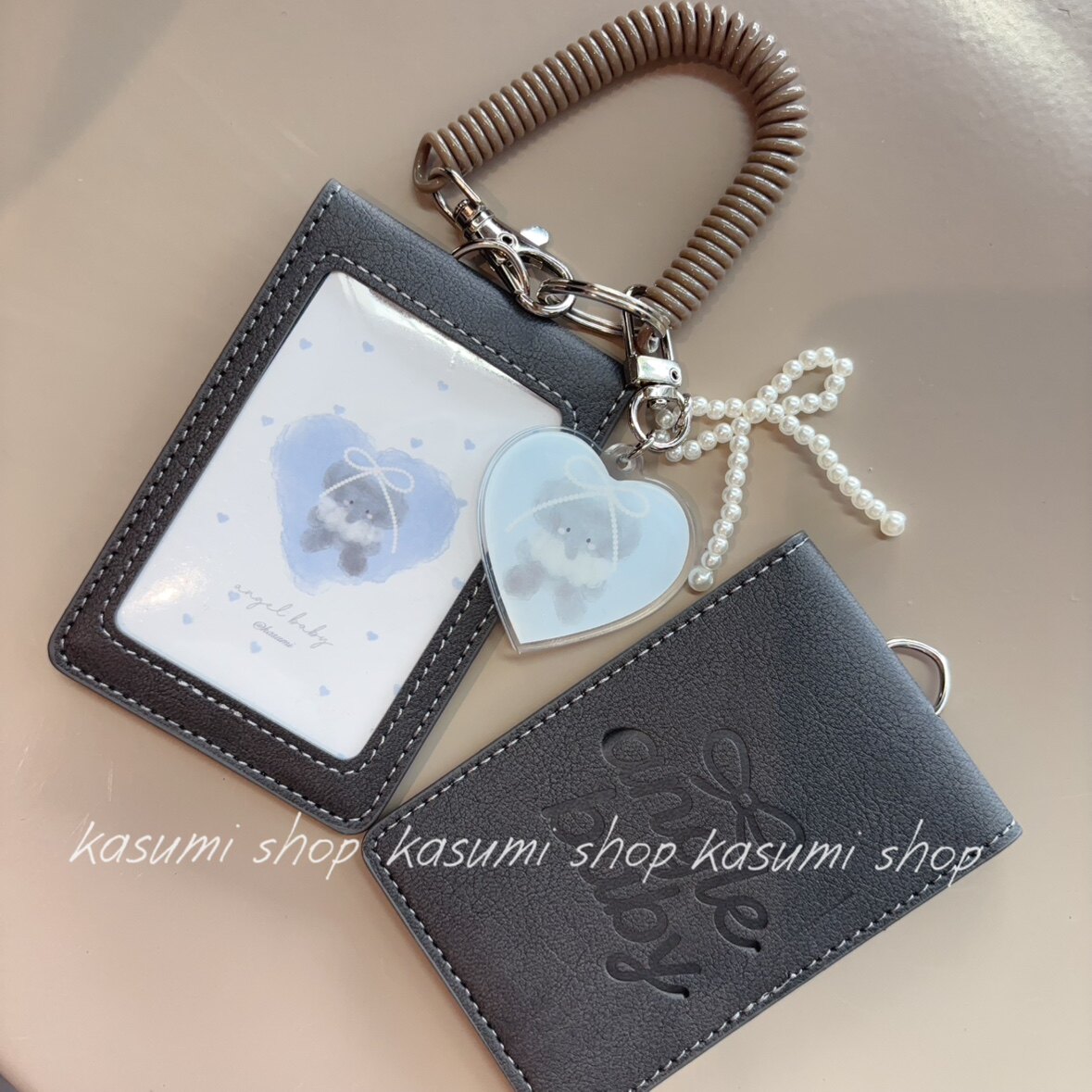 Original Little Elephant Baby Pearl Keychain Card Holder, Leather, Two Card Slots, Bus/School/Meal Card/Employee ID Card Holder