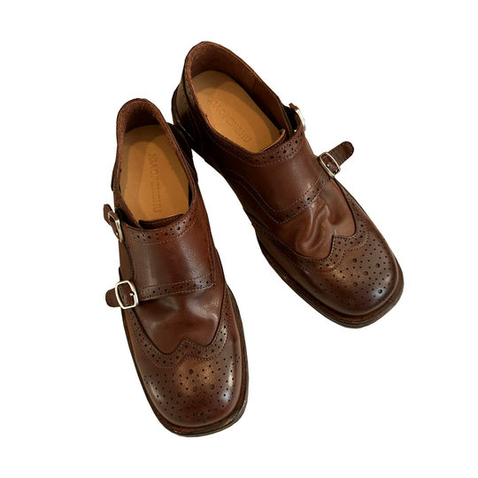 Washed horsehide brogue carved loafers for women soft leather step-on British style small leather shoes mid-heeled derby shoes single shoes