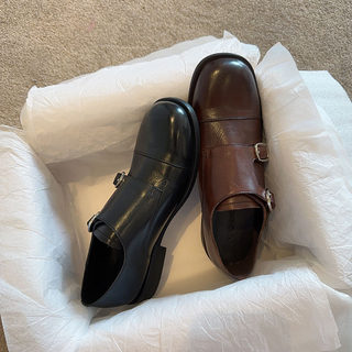 Handmade Horsehide Vintage Loafers for Women, Soft Leather Slip-On British Style Small Leather Shoes, Mid-Heel Round Toe Double Buckle Derby Shoes