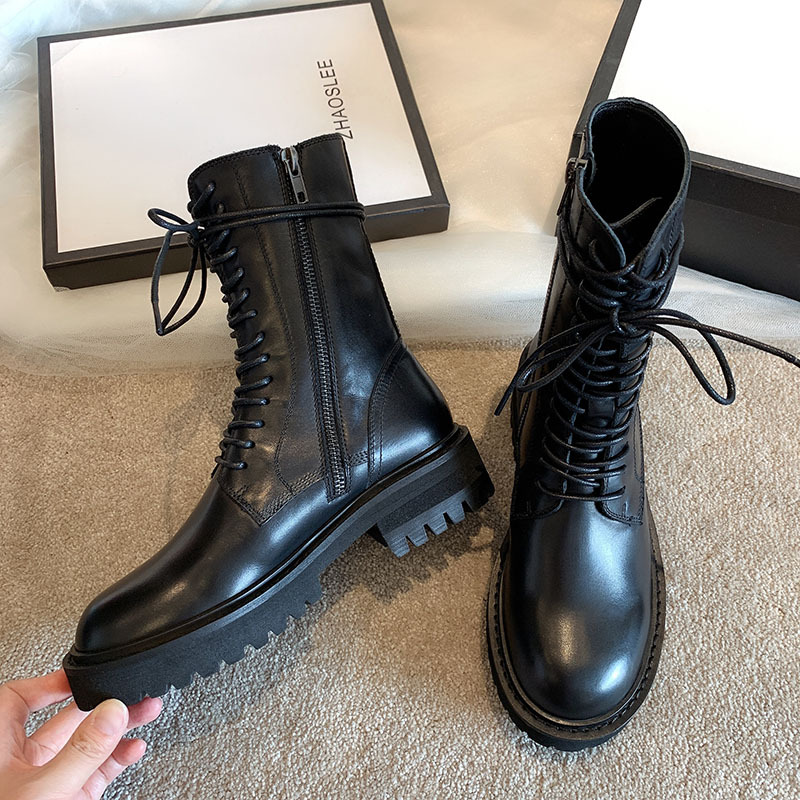 Ann Martin Boots for Women, Genuine Leather, Thick-Soled, Mid-Calf, British Style, Riding Short Boots, 2025 New Model, Versatile for Autumn and Winter