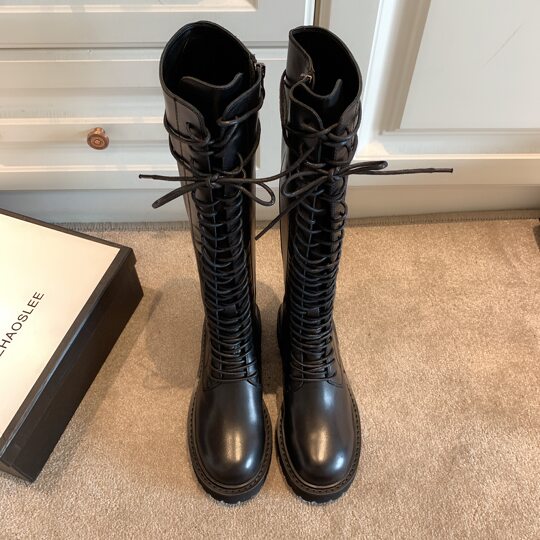 Knight boots women's genuine leather lace-up high boots 2025 autumn and winter new style ann long Martin boots over the knee boots