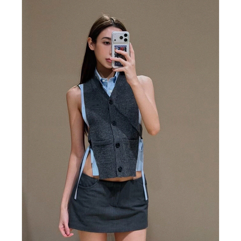 Nanyouding Edition 26Ss Deconstructed Outfit with Letter Embroidery Sleeveless Shirt Layered with Knitted Vest Cardigan Set Tank Top
