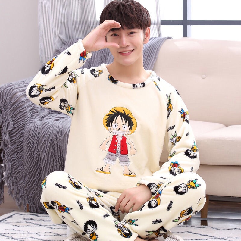 Pajamas for Men in Winter, Medium-Thick Coral Velvet Fleece-Lined, Autumn and Winter Warm Flannel, Junior High School Students' Home Clothes