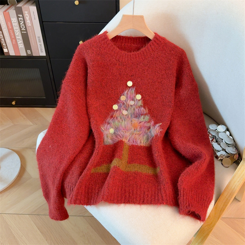 High-End Unique Design Christmas Tree Sequined Red Sweater for Women Autumn and Winter 2026 New Style Knitwear Top