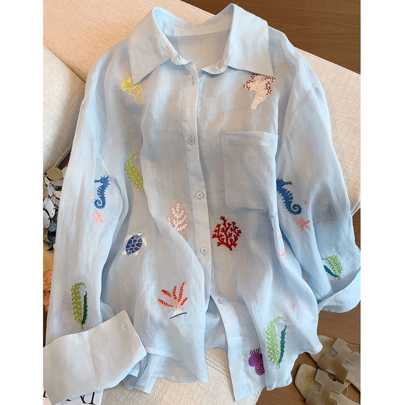 Light Blue Cartoon Embroidered Linen Shirt for Women, New Summer Design, Niche, Versatile, Slimming, Sun-Protective, Thin Top