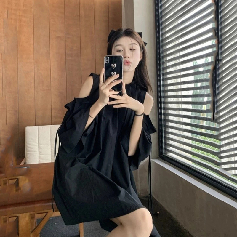 Casual Black Loose Slimming Off-Shoulder Dress for Women, 2026 Summer Design with Tie-Up Stand Collar Short Skirt Trendy Casual Black Loose Slimming Off-Shoulder Dress for Women, 2026 Summer Design with Tie-Up Stand Collar Short Skirt Trendy
