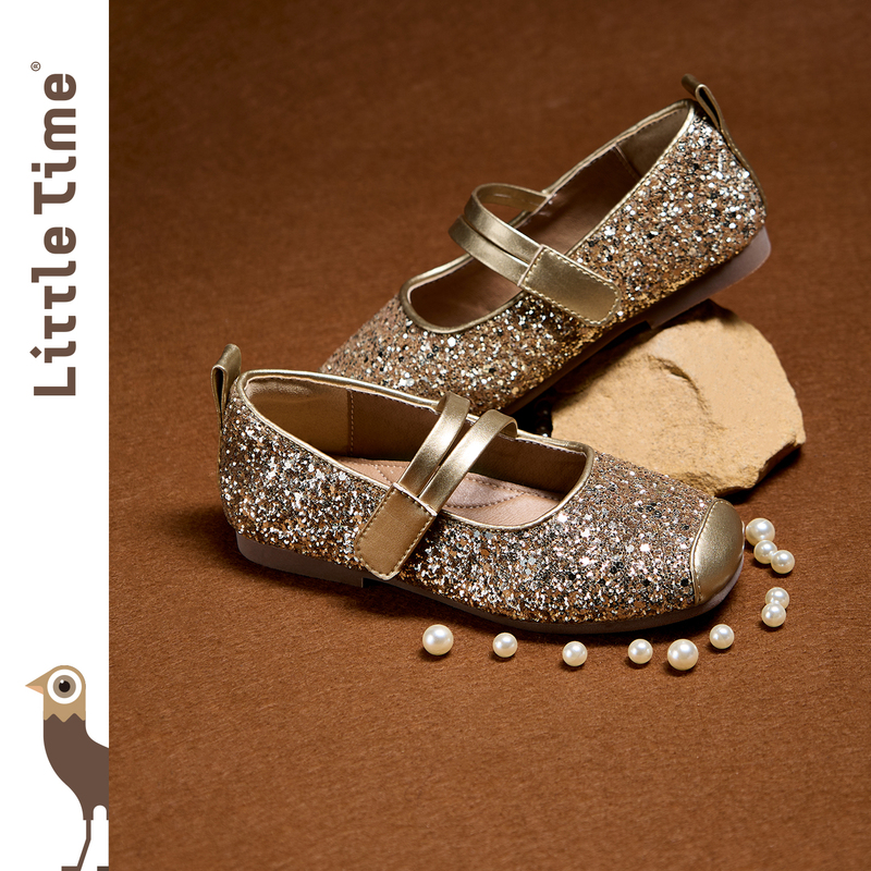 Littletime Girls' Princess Shoes 2025 Spring and Summer New Leather Shoes Kidsren's Sequined Gold and Silver Ballet Shoes Dress Shoes