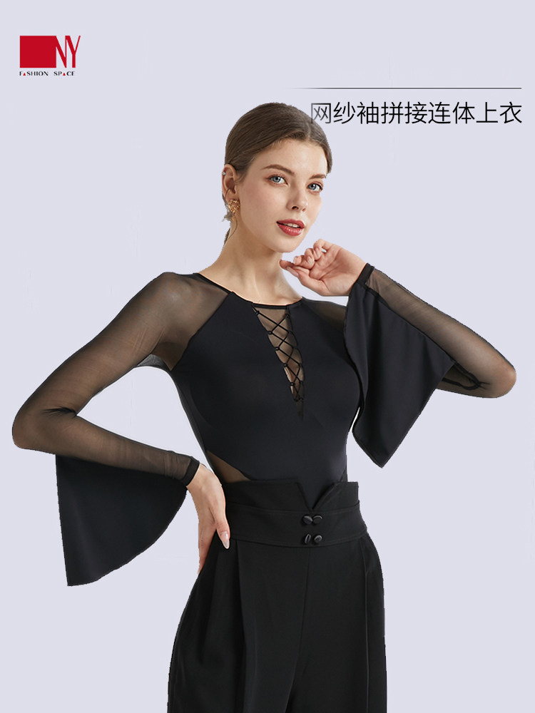 Nayi NY modern dance top women's long-sleeved national standard dance adult Latin dance mesh gauze floating sleeve stitching one-piece practice clothes