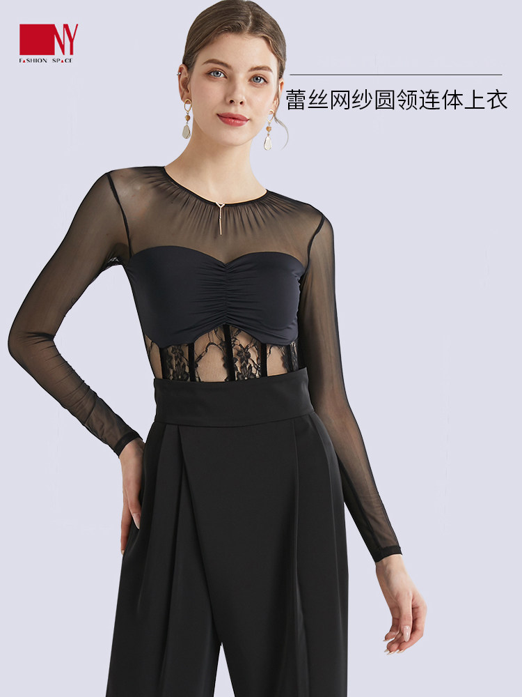 Nayi NY Latin dance clothes women's top sexy translucent lace mesh round neck modern dance new dance clothes