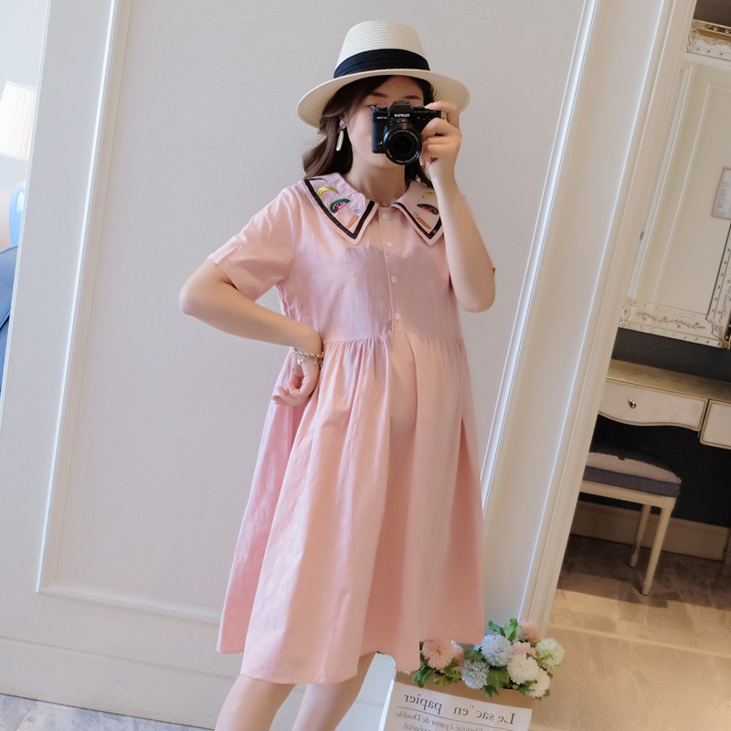 Pregnant women's skirt 2021 new style going out fashion age-reducing maternity dress summer dress cute doll collar maternity shirt