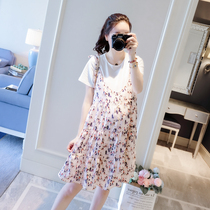 Pregnant womens summer dress two-piece suit fashion 2019 new suspenders Korean version of the pregnant womens spring summer dress