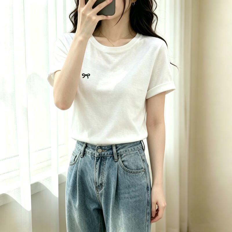 White Casual Short-Sleeve T-Shirt with a Lazy Bow, Summer Snowflake Cotton, Old Money Style Women's Clothing, Figure-Flattering Top White Casual Short-Sleeve T-Shirt with a Lazy Bow, Summer Snowflake Cotton, Old Money Style Women's Clothing, Figure-Flattering Top