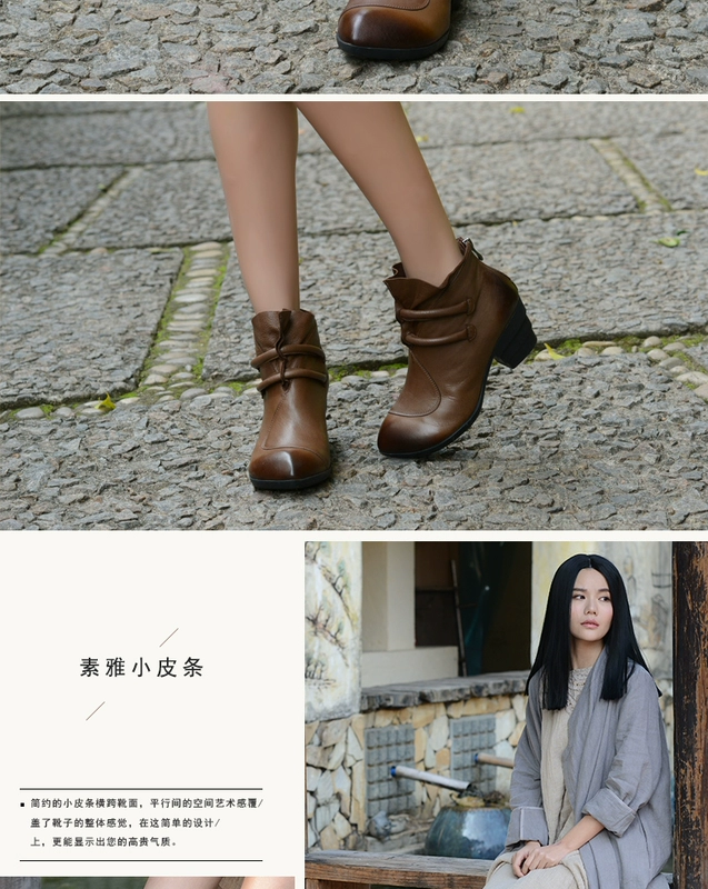 Kèm theo handmade vintage da giày của phụ nữ dày cao gót nhọn thoải mái da cừu của phụ nữ khởi động Châu Âu trạm thời trang khỏa thân khởi động boot nữ cổ thấp