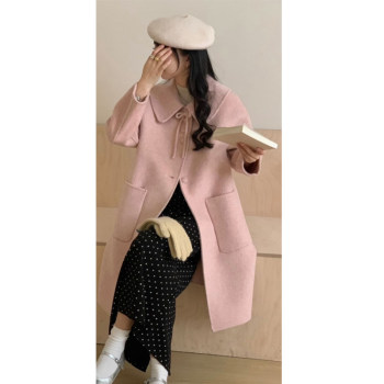 Pink double-sided cashmere coat for women 2025 autumn and winter new fashion style age-reducing doll collar mid-length woolen coat
