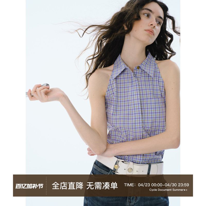 Cycle Document Comfortable, Breathable, Slimming Plaid Hidden Placket Shirt Sleeveless Vest Halter Top for Women