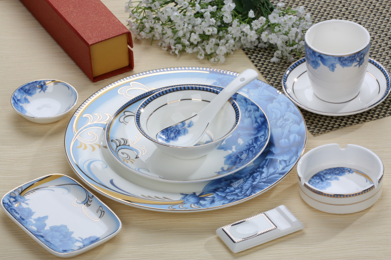 Flowers bloom rich flat plate Chinese hotel table tableware ceramic supplies club box plate plate plate set