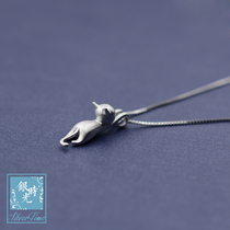 Designer custom S925 silver pure handmade brushed three-dimensional kitten necklace pendant set box chain