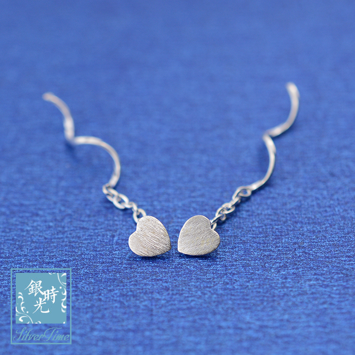 Silver time S925 sterling silver ear wire mini brushed small heart long earrings creative ear chain temperament earrings for women