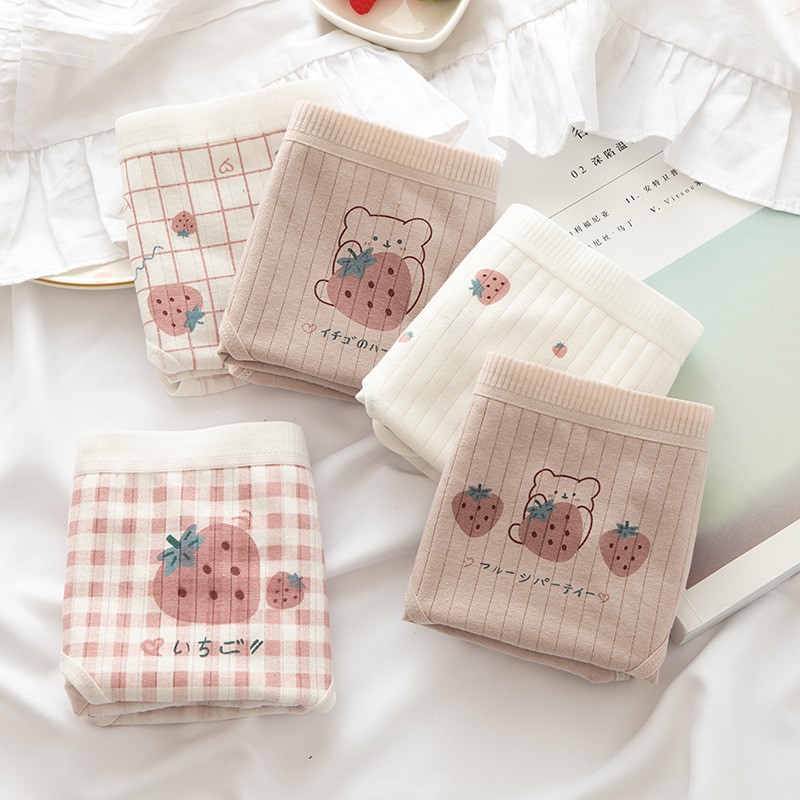 Sweet Girl 5 Colors [Recommended]5 Strip packing Sweetheart strawberry lattice Cotton crotch ma'am underpants Vertical stripe girl cotton material ventilation student triangle short