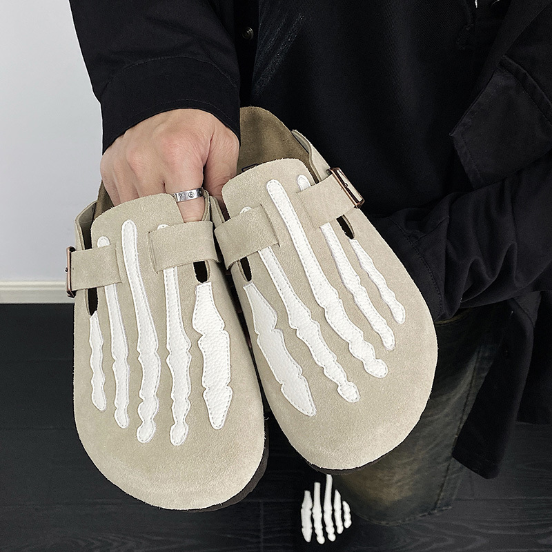 Boken Half-Slippers with Thick Soles for Outdoor Wear, Closed-Toe Cork Suede Genuine Leather Fishing Sandals, Bone Shoes for Men and Women, Couple Style