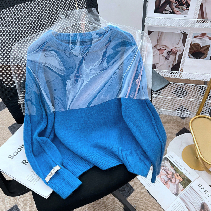 【Colorful World】Fashionable and Versatile Layered Round-Neck Pullover Sweater Klein Blue Knit Top for Women in Autumn and Winter
