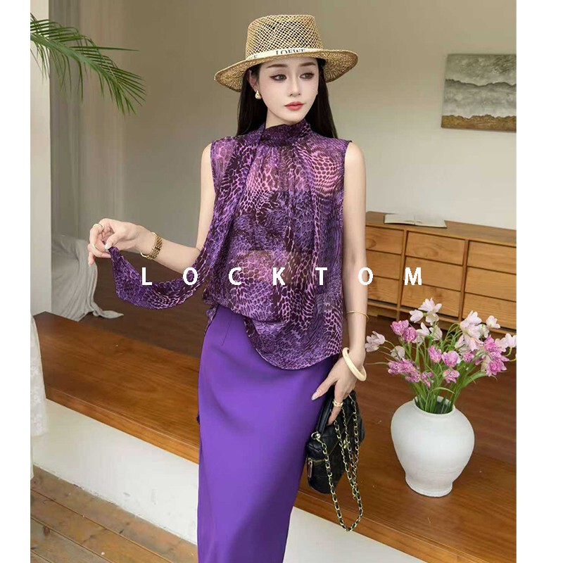 2026 Spring and Summer New Retro Style Purple Sleeveless Ribbon Shirt Suit for Women, Slimming and Fashionable Elegant Suit 2026 Spring and Summer New Retro Style Purple Sleeveless Ribbon Shirt Suit for Women, Slimming and Fashionable Elegant Suit