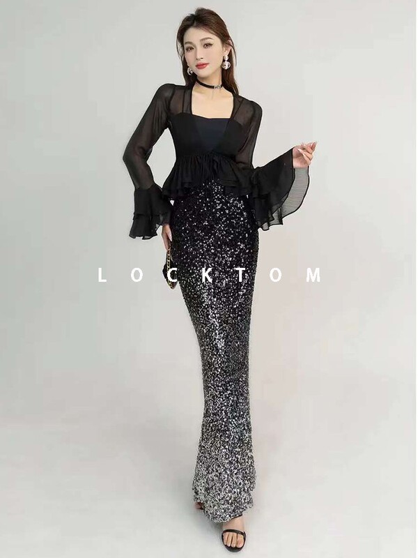 European and American Retro Black and Gray Gradient Sequin Skirt for Women, Chiffon Top, Mid-Length Fishtail Skirt, Hip-Hugging Skirt