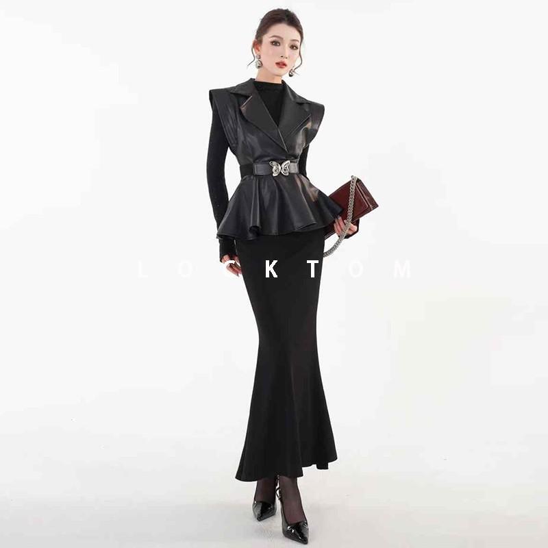 2024 New Treasure Wardrobe New Design Casual Leather Vest Top Tops High Waist Hip Cover Long Skirt