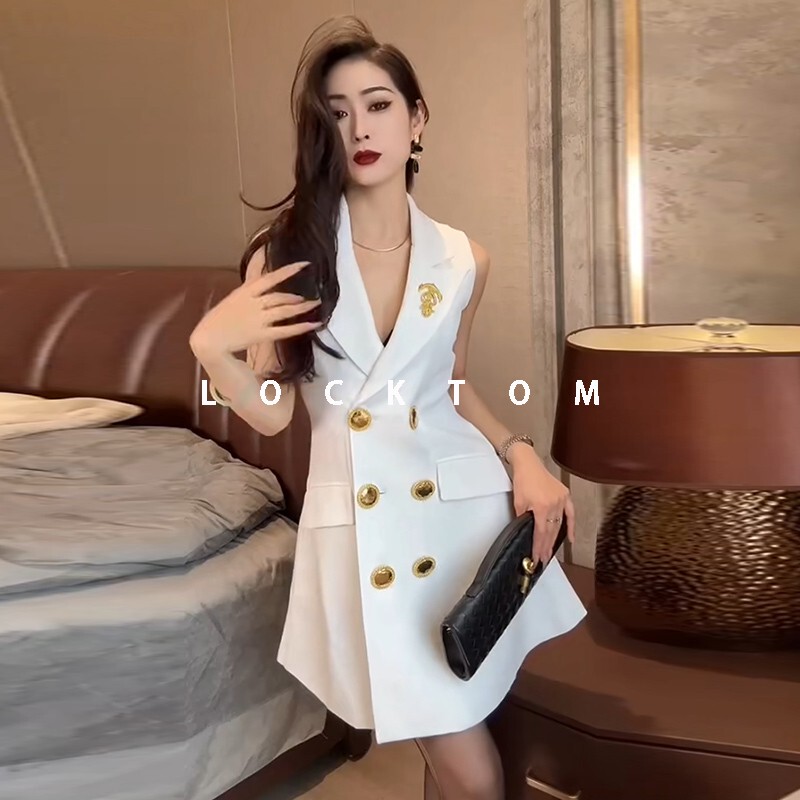 High-End Waist Suit Dress for Women Summer 2025 New Double-Breasted Slim Vest Dress Sleeveless Vest Dress