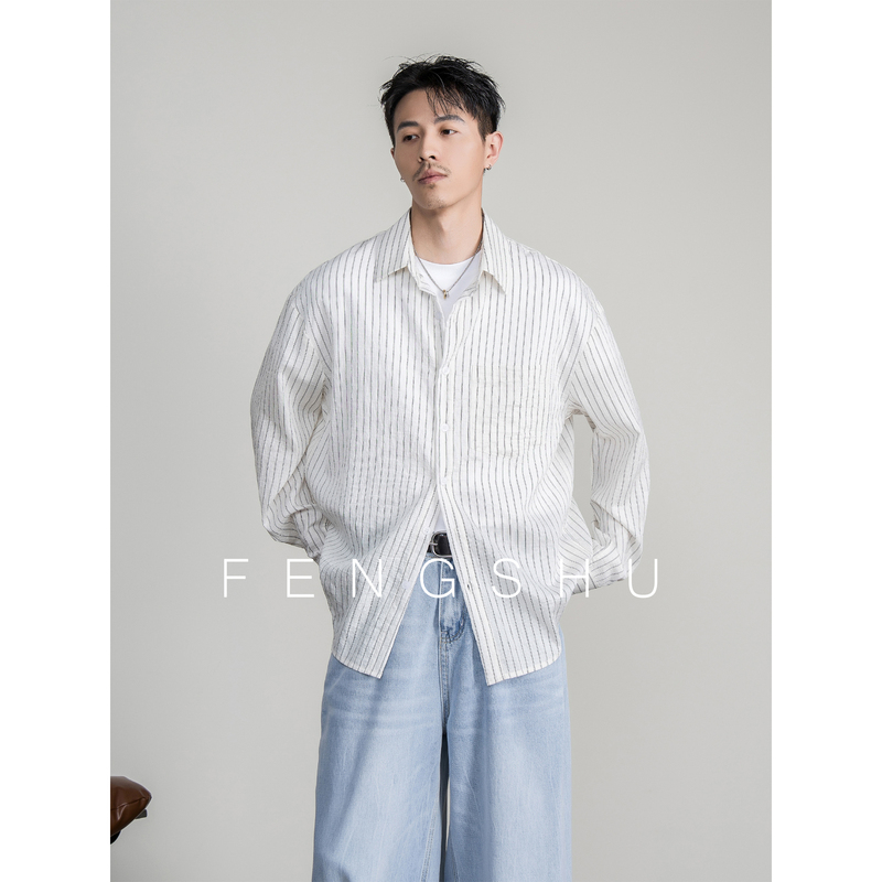 Fengshu「Lyocell Tencel」Spring and Summer Striped Long-Sleeve Shirt for Men, Vintage Casual Breathable Loose Shirt