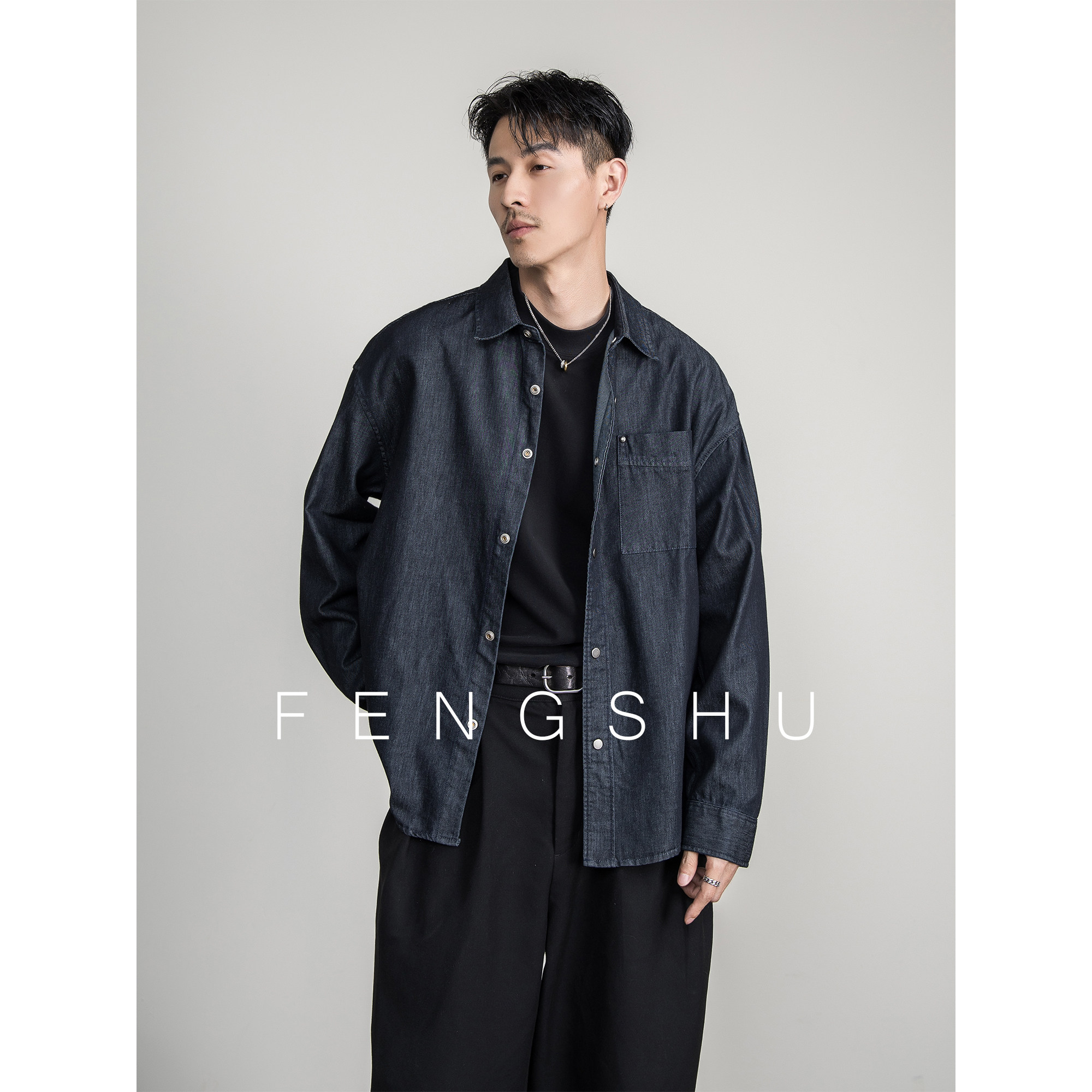 FENGSHU [レトロデニムブルー] 春秋用レトロウォッシュドデニム長袖シャツ（折り襟、ゆったりカジュアルトップス）