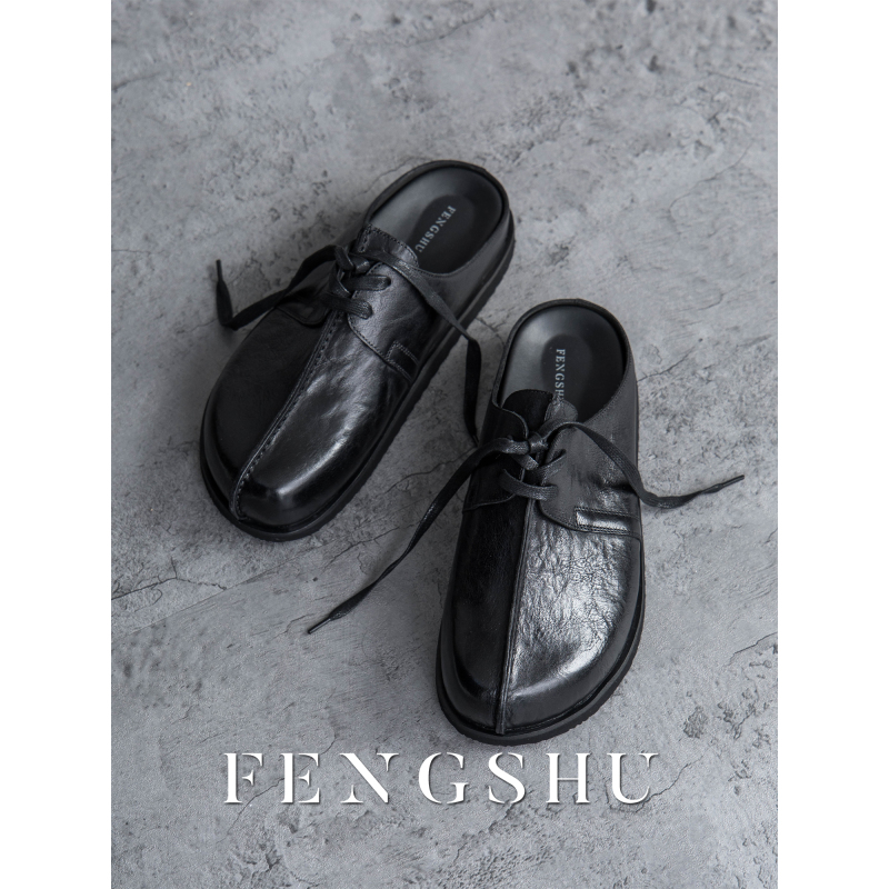 Fengshu High-End Genuine Leather Thick-Soled Birkenstock-Style Slip-On Flat Breathable Versatile Black Closed-Toe Shoes Fengshu High-End Genuine Leather Thick-Soled Birkenstock-Style Slip-On Flat Breathable Versatile Black Closed-Toe Shoes