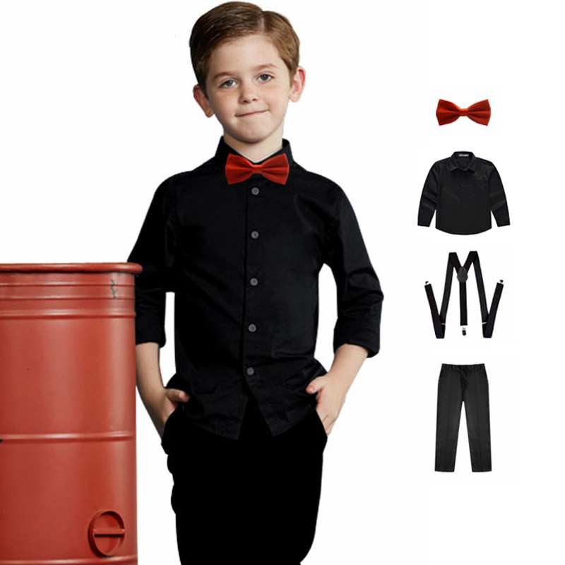 English style black shirt boy single-layer set children's performance dress baby bag pants four-piece set of big boy boy