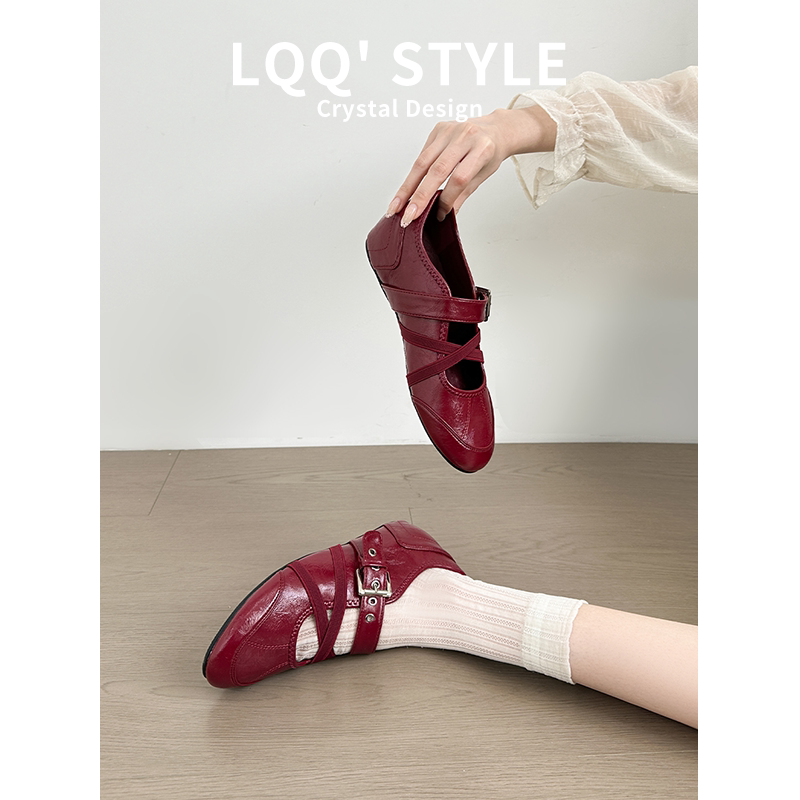 Genuine Leather~ Red Athletic Mary Jane Shoes for Women with Hidden Height Increase, Ballet Training Shoes, French Style Versatile Casual Shallow Shoes