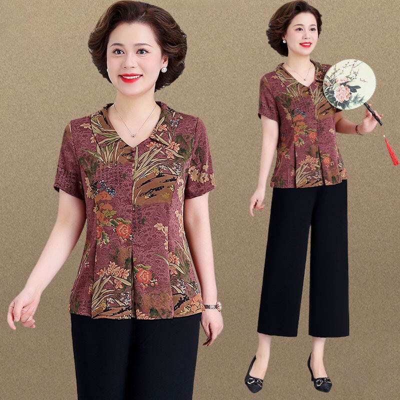 Middle-Aged and Elderly Mothers' Summer Short-Sleeved T-Shirt Sportswear Women's Plus Size Elderly Women's Age-Reducing Tops Two-Piece Suit