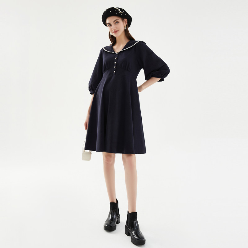 Happy House Retro Elegant Lace Collar Knit Pregnant Woman Dress Woman Dress 2023 New Summer High Waist Display Slim Pregnant Woman Dress