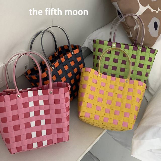 thefifthmoon ງາມສີສັນສົດ plaid ແສ່ວພາດສະຕິກກະຕ່າ Portable ກະຕ່າຜັກກະເປົ໋າຖົງເຟືອງບາດເຈັບແລະ