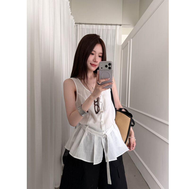 Unique Design Sleeveless Halter Neck Cinched Waist Top for Women, Super Popular Summer Outerwear, Stunning White Linen Tank Top for Hot Girls Unique Design Sleeveless Halter Neck Cinched Waist Top for Women, Super Popular Summer Outerwear, Stunning White Linen Tank Top for Hot Girls
