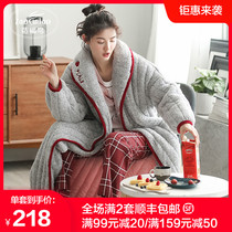 Nightgown womens winter thickened extended cotton three-layer warm coral velvet autumn and winter long sleeved pajamas flannel bathrobe