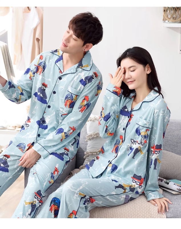 Các cặp đôi mùa xuân và mùa thu bộ đồ ngủ dài tay mùa thu Hàn Quốc áo nịt nam tinh khiết cotton giản dị ve áo nam phục vụ ở nhà phù hợp với phụ nữ - Cha mẹ và con