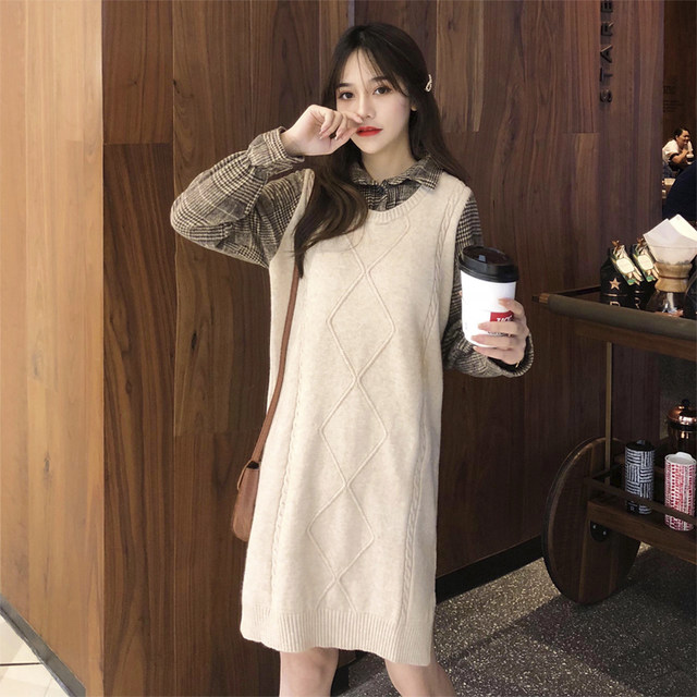 2024 new autumn and winter Korean fashion versatile fake two-piece straight slim woolen plaid long dress for women