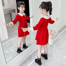 3 Children 4 girls dress 5 spring and autumn clothes 2021 new princess skirt subnet red ocean gas sweater 6 years old girl