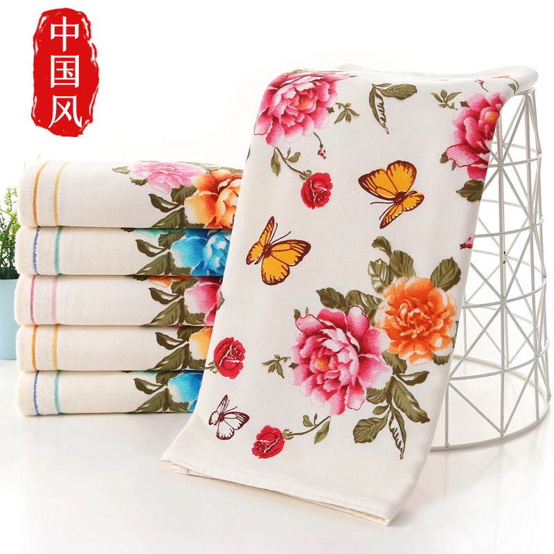 Pure Cotton Gauze Peony Flower Towel Retro Chinese Style Floral Towel Household Adult All-Cotton Absorbent Face Towel